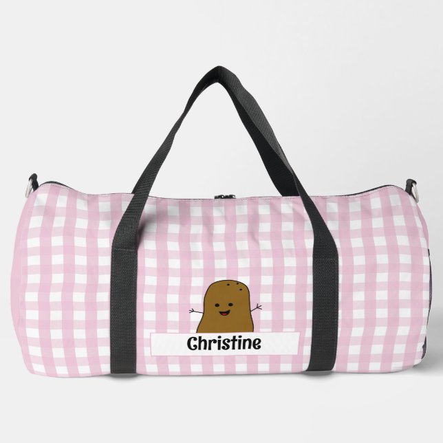 Pink Gingham Brown Potato Custom Duffle Bag (Front)