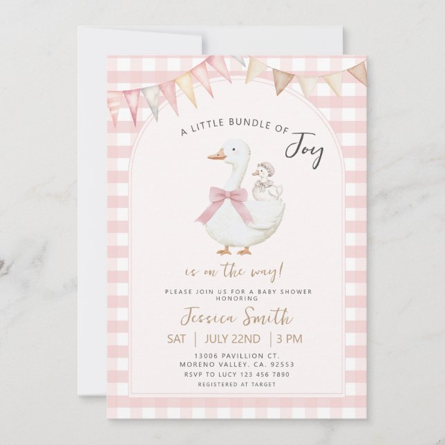 Pink Gingham Bundle of joy Goose Baby Shower Invitation (Front)