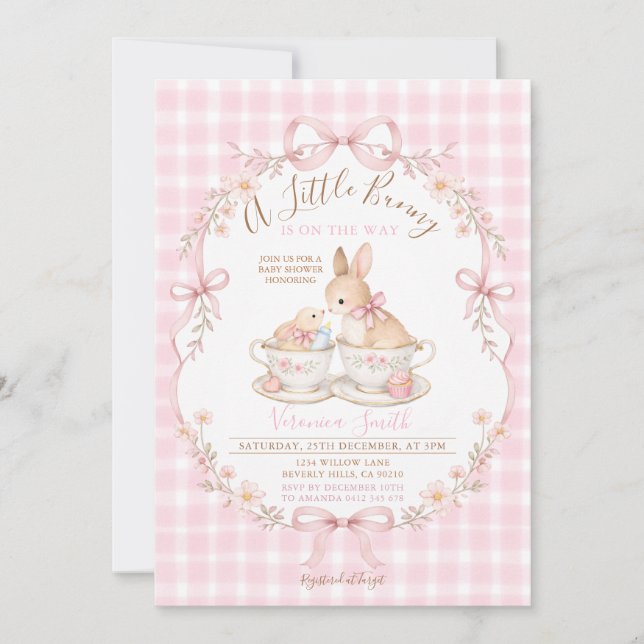 Pink Gingham Bunny Baby Shower Blush Dusty Pink Invitation (Front)
