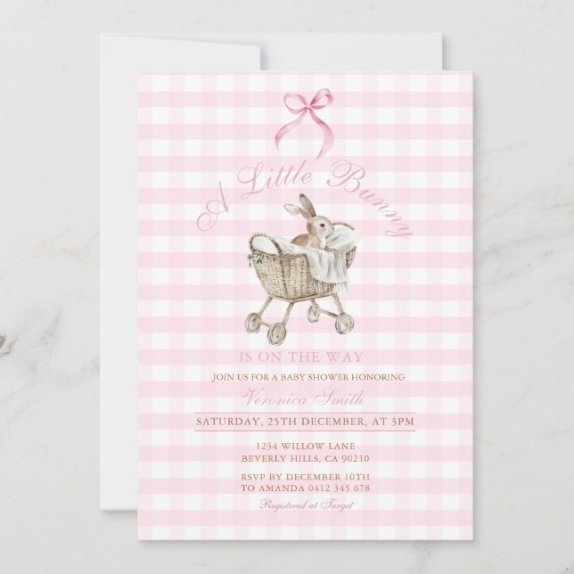 Pink Gingham Bunny Baby Shower Grandmillennial  Invitation (Front)