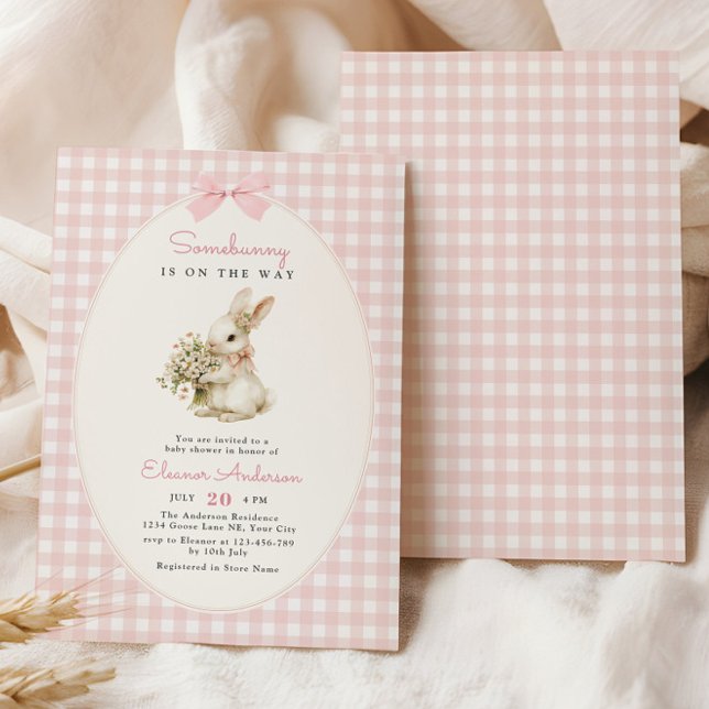 Pink Gingham Bunny Baby Shower Invitation (Creator Uploaded)