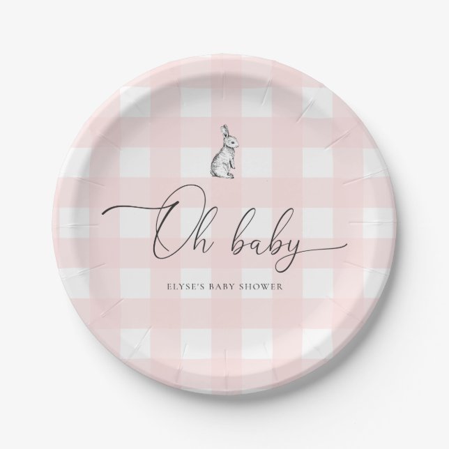 Pink Gingham Bunny Rabbit Baby Shower Paper Plate (Front)