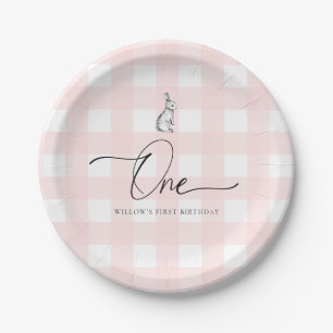 Pink Gingham Bunny Rabbit First Birthday Paper Plate