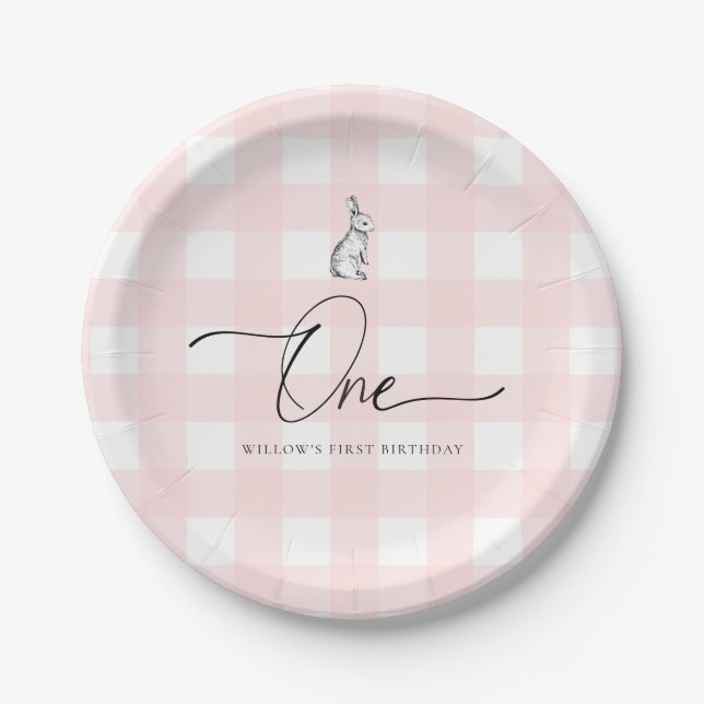 Pink Gingham Bunny Rabbit First Birthday Paper Plate (Front)