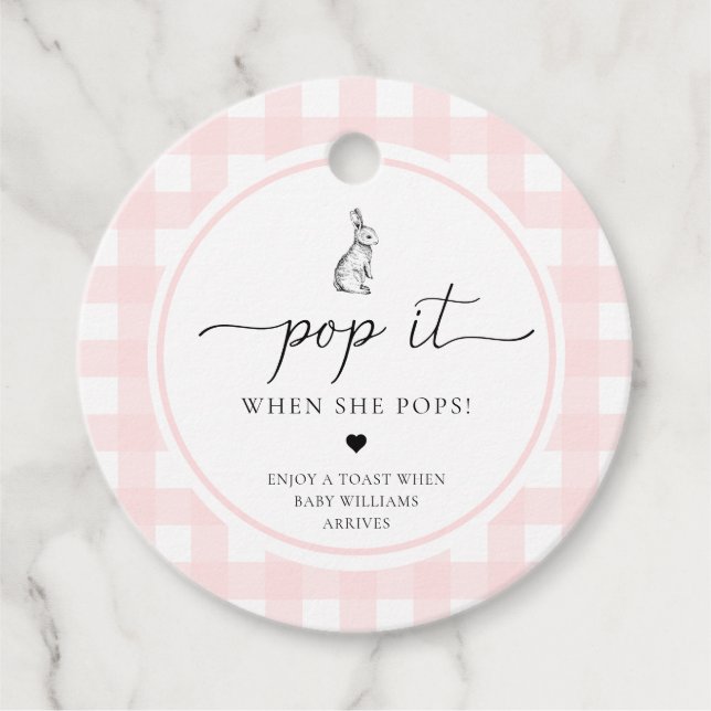 Pink Gingham Bunny Rabbit Pop It When She Pops Favour Tags (Front)