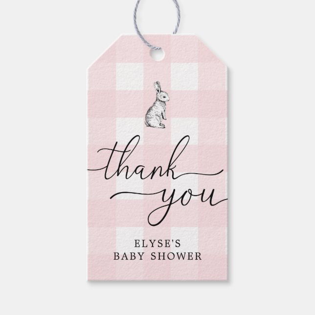 Pink Gingham Bunny Rabbit Thank You Favour Tag (Front)
