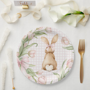 Pink Gingham Bunny Rabbit Tulips Floral Paper Plate
