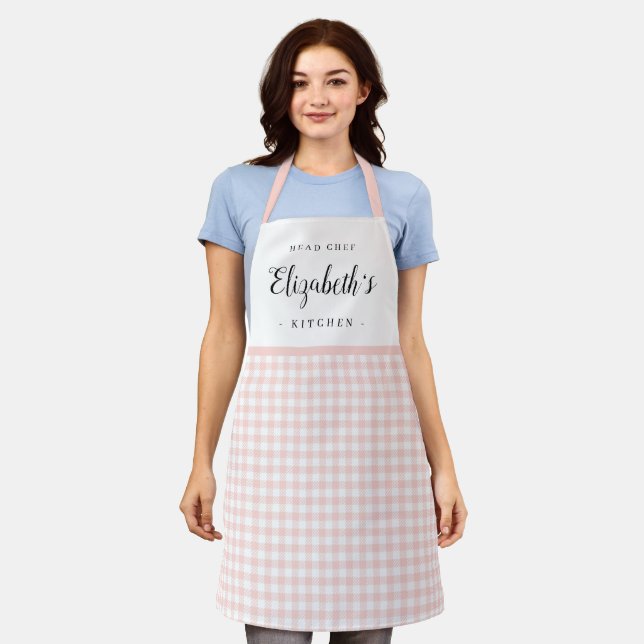 Pink gingham check adult personalized cooking apron (Worn)