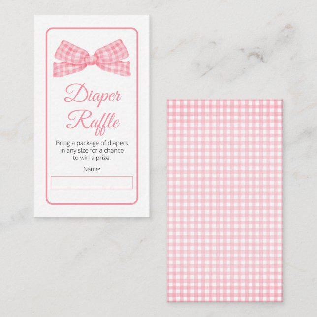 Pink Gingham Check Bow Baby Shower Diaper Raffle Enclosure Card (Front/Back)