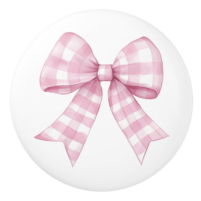 Pink Gingham Check Bow  Ceramic Knob (Front)