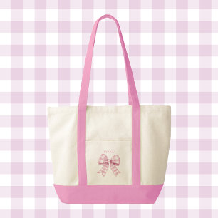 Pink Gingham Check Bow Coquette Contrast Trim Tote Bag