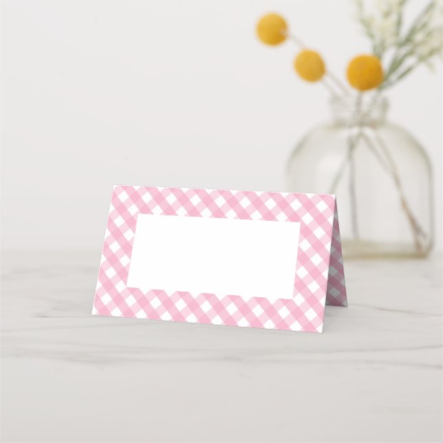 Pink Gingham Check Pattern Place Card (Back)