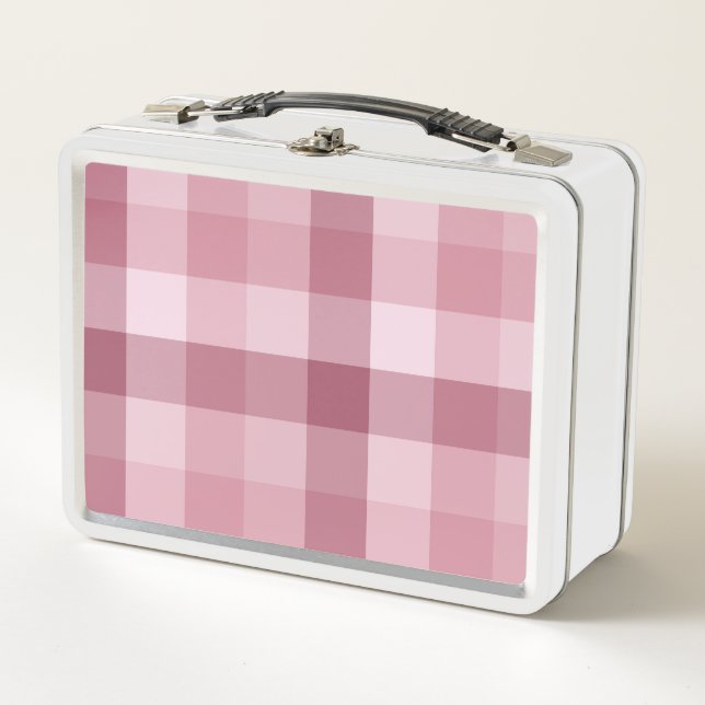 Pink Gingham Check Plaid Design Metal Lunch Box (Front)