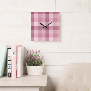 Pink Gingham Check Plaid Design Square Wall Clock