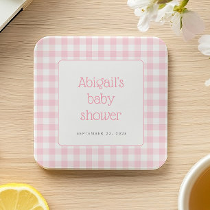 Pink Gingham Check Rustic Girls Baby Shower Square Paper Coaster