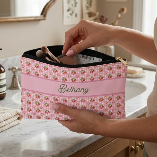 Pink Gingham Check Strawberry Pattern Accessory Pouch (Creator Uploaded)