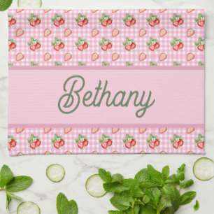 Pink Gingham Check Strawberry Pattern Kitchen Towel