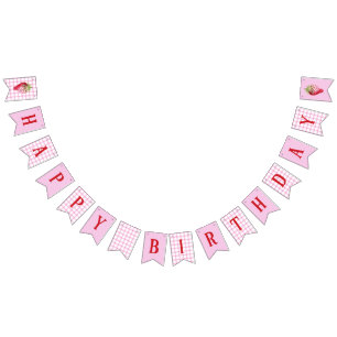 Pink Gingham Chequered Strawberry Birthday Bunting Flags