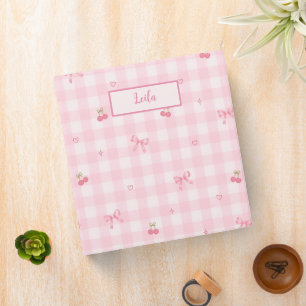 Pink Gingham Cherry Bow Script Name Design Binder