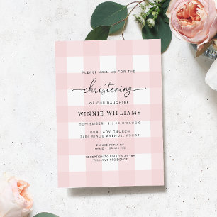 Pink Gingham Christening Invitation