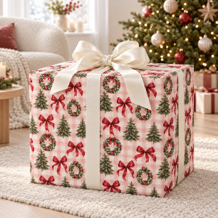 Pink Gingham Christmas Bows & Wreaths Wrapping Paper