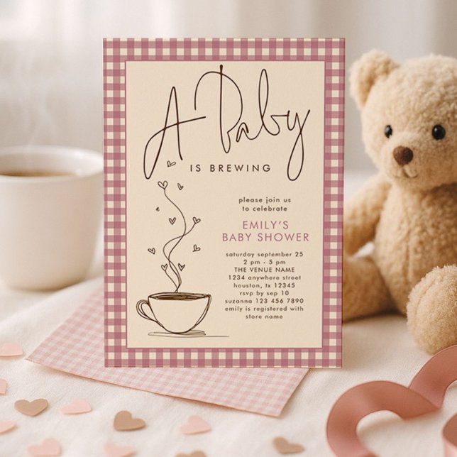 Pink Gingham Coffee Baby is Brewing Shower  Invitation (Creator Uploaded)