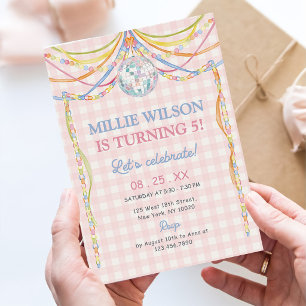 Pink Gingham Colourful Girl Birthday Party Invitation
