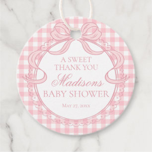 Pink Gingham Coquette Bow Baby Shower Circle Favour Tags