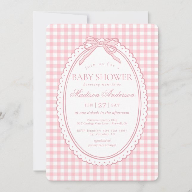 Pink Gingham Coquette Bow Baby Shower Invitation (Front)