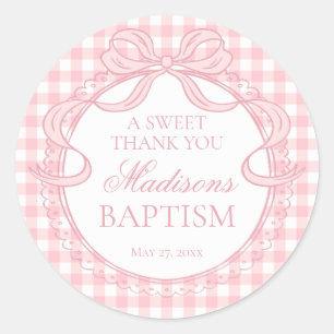 Pink Gingham Coquette Bow Baptism Favour Classic Round Sticker