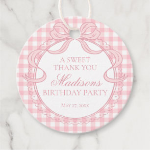 Pink Gingham Coquette Bow Birthday Party Circle Favour Tags