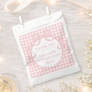 Pink Gingham Coquette Bow Birthday Party Dessert Favour Bag