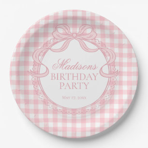 Pink Gingham Coquette Bow Birthday Party Paper Plate