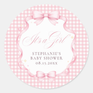 Pink Gingham Coquette Bow It’s a Girl Baby Shower Classic Round Sticker