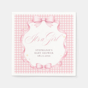 Pink Gingham Coquette Bow It’s a Girl Baby Shower Napkin
