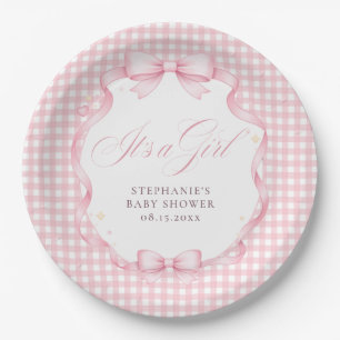 Pink Gingham Coquette Bow It’s a Girl Baby Shower Paper Plate