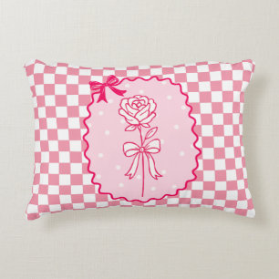 Pink Gingham Coquette Rose Aesthetic Accent Pillow