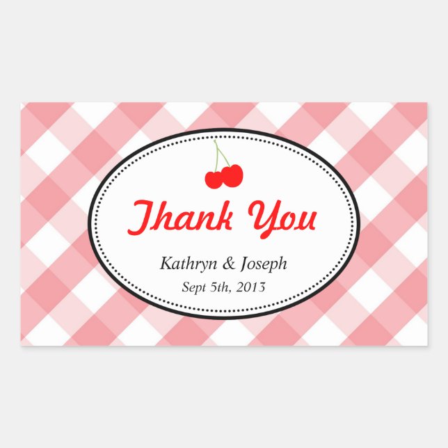 Pink gingham country picnic red cherry wedding sticker (Front)