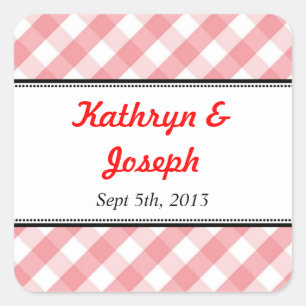 Pink gingham country picnic rustic wedding favour square sticker