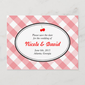 Pink gingham country rustic cherry save the date announcement postcard