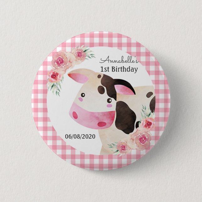 Pink Gingham Cow Birthday Favour 2 Inch Round Button (Front)