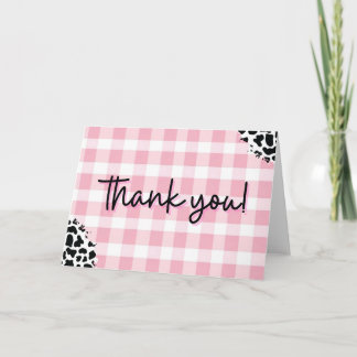 Pink Gingham Cow Print Thank You Card for Birthday