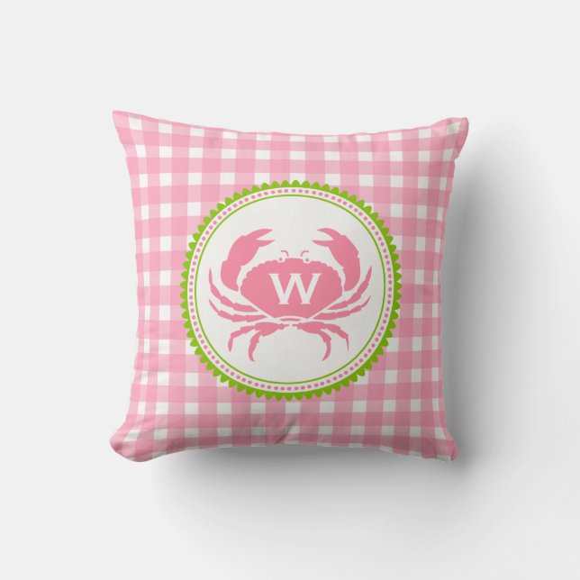 Pink Gingham & Crab Monogram Pillow (Front)