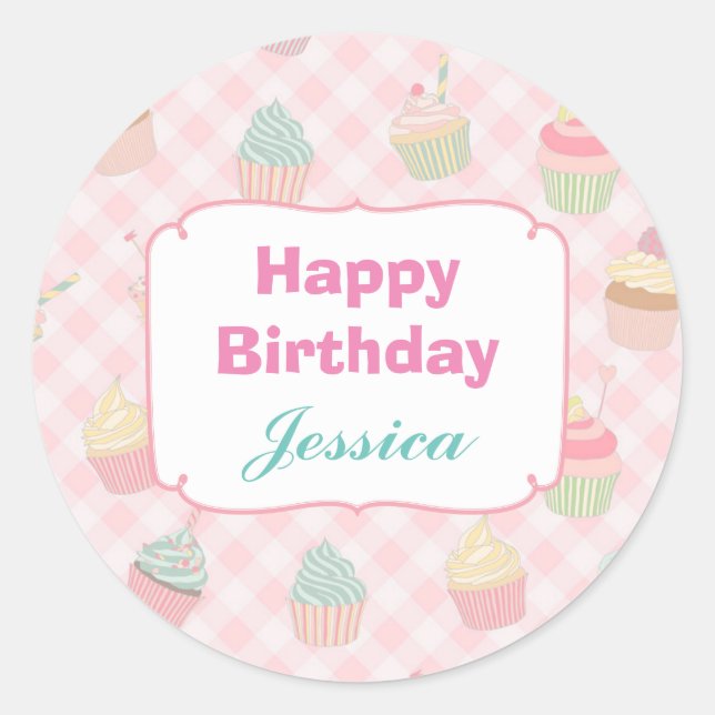 Pink Gingham Cupcake Personalized Birthday Classic Round Sticker (Front)
