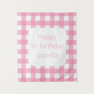 Pink Gingham Custom First Birthday Party Welcome Tapestry