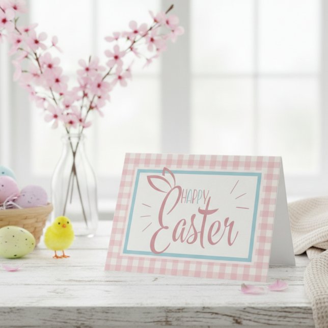 Pink Gingham Cute Happy Easter Custom Holiday Card (Pink Gingham Cute Happy Easter Custom Holiday Card)