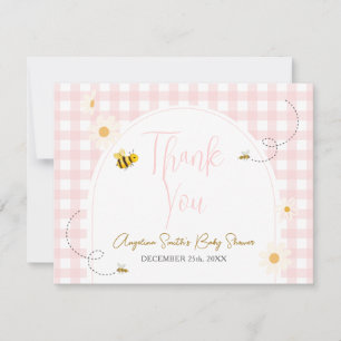 Pink Gingham Daisies Bee Baby Shower Thank You Card