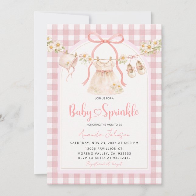 Pink Gingham Daisy Clothesline Baby Sprinkle  Invitation (Front)