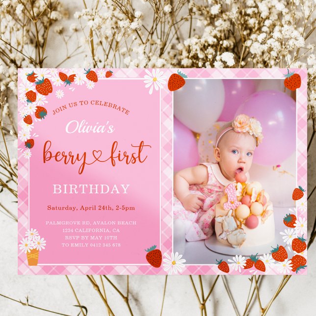 Pink Gingham Daisy flower Berry First Birthday Invitation (Pink Gingham Daisy flower Strawberry Berry sweet with Photo Girl First Birthday Invitation
)
