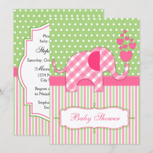 Pink Gingham Elephant Baby Shower Invitation